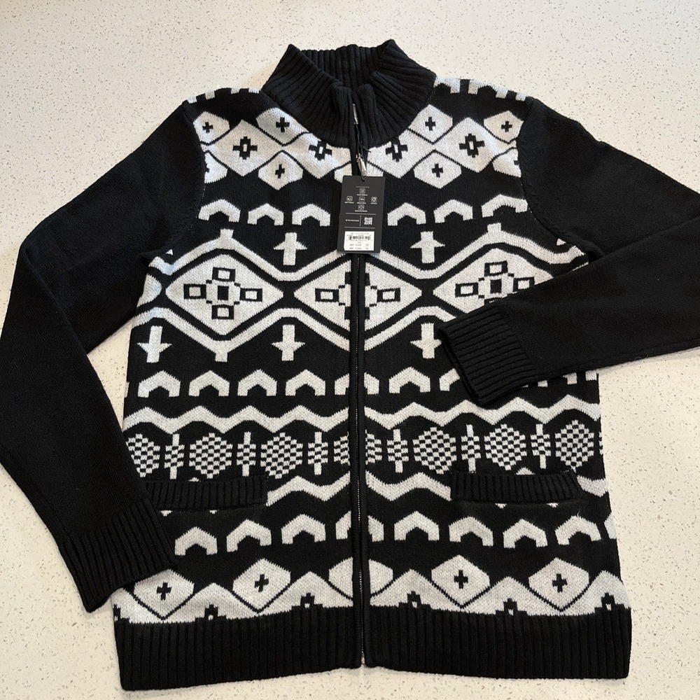 7 Diamonds Telluride Sweater Mens Black White Full Zip Cardigan,‎ XL, NWT